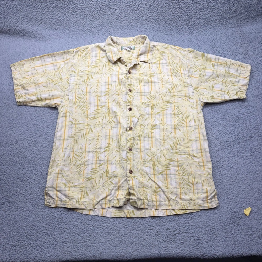 Tommy Bahama 03-T3457 Mens XL Yellow Silk Palm Leaf Plaid Button Down S/S Shirt
